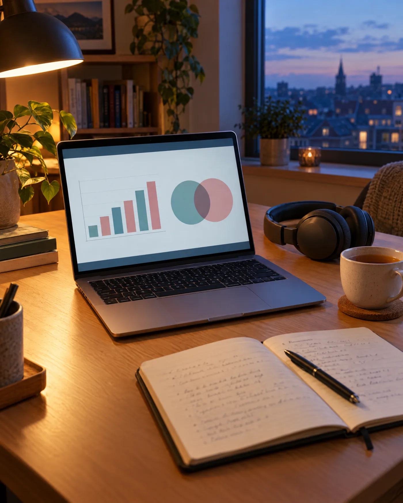 Beispielbild, KI-generiert: Laptop am Abend mit einer Präsentationsfolie, daneben Kopfhörer