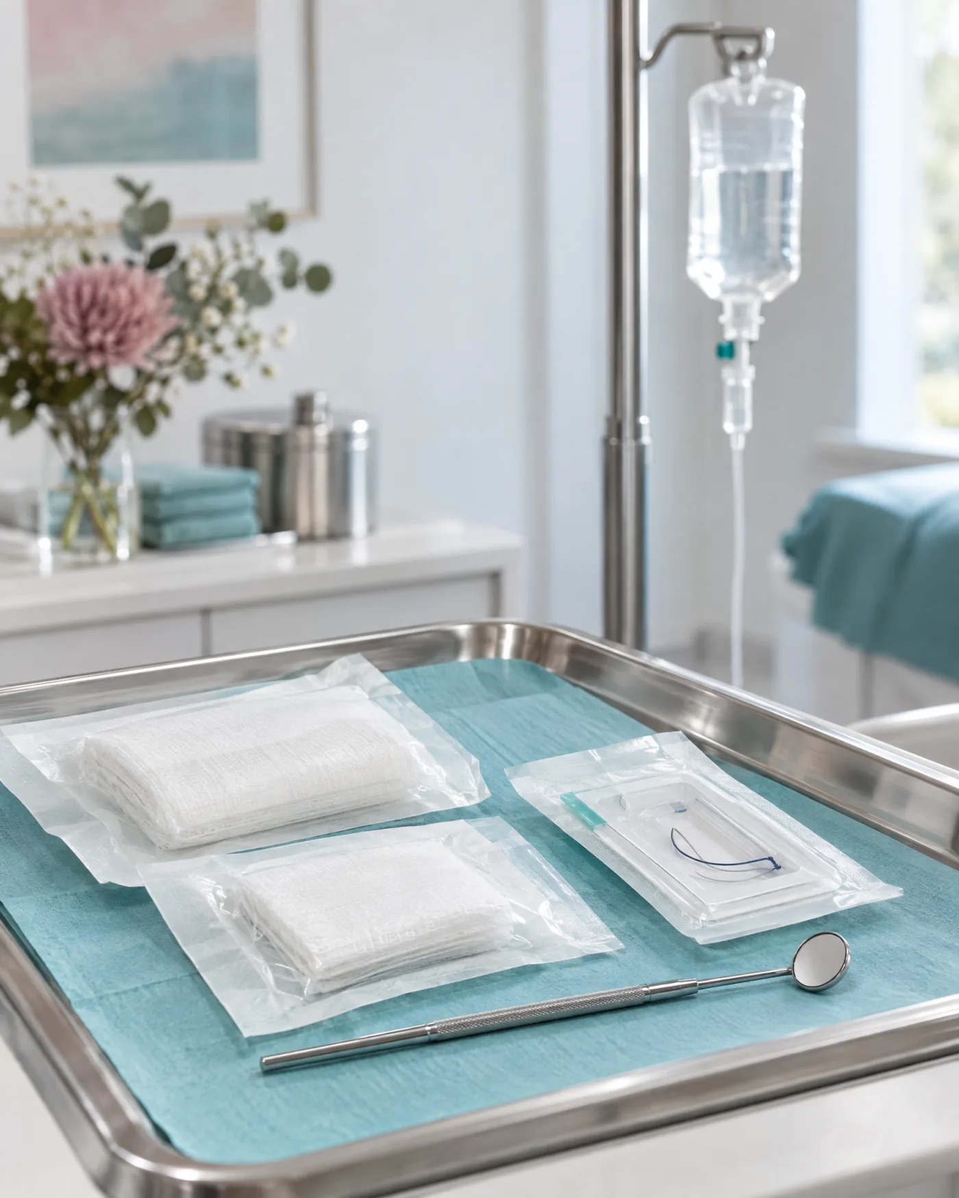 Beispielbild, KI-generiert: steril verpackte Kompressen und Nahtmaterial, im Hintergrund eine Infusion